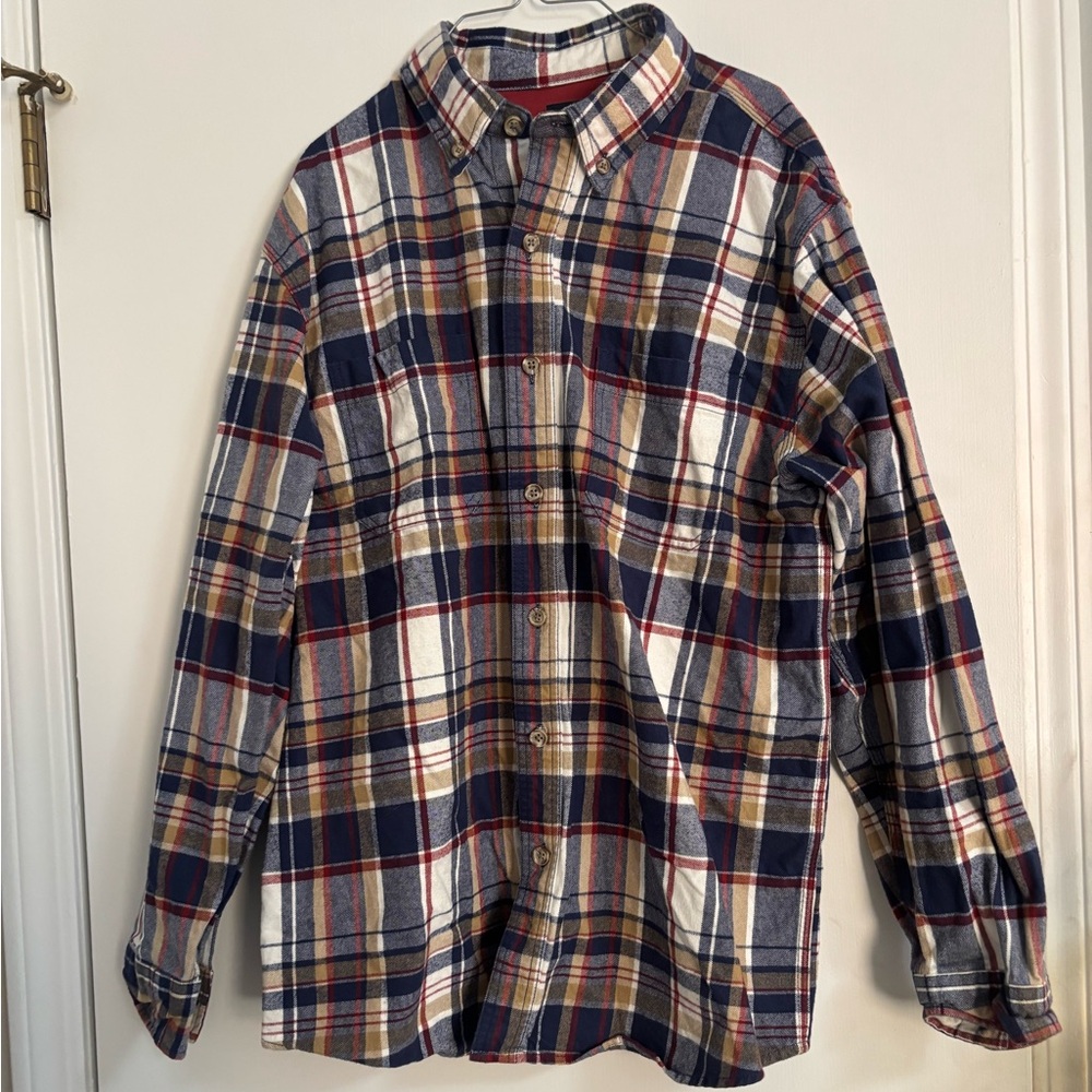 Men's Navy Plaid Button-Down Shirt with Tan Accents